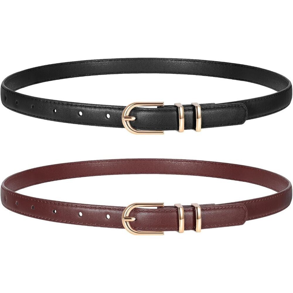 2 Pack Women's Skinny Leather Belts Black Wine Red Thin Faux with Gold Buckle